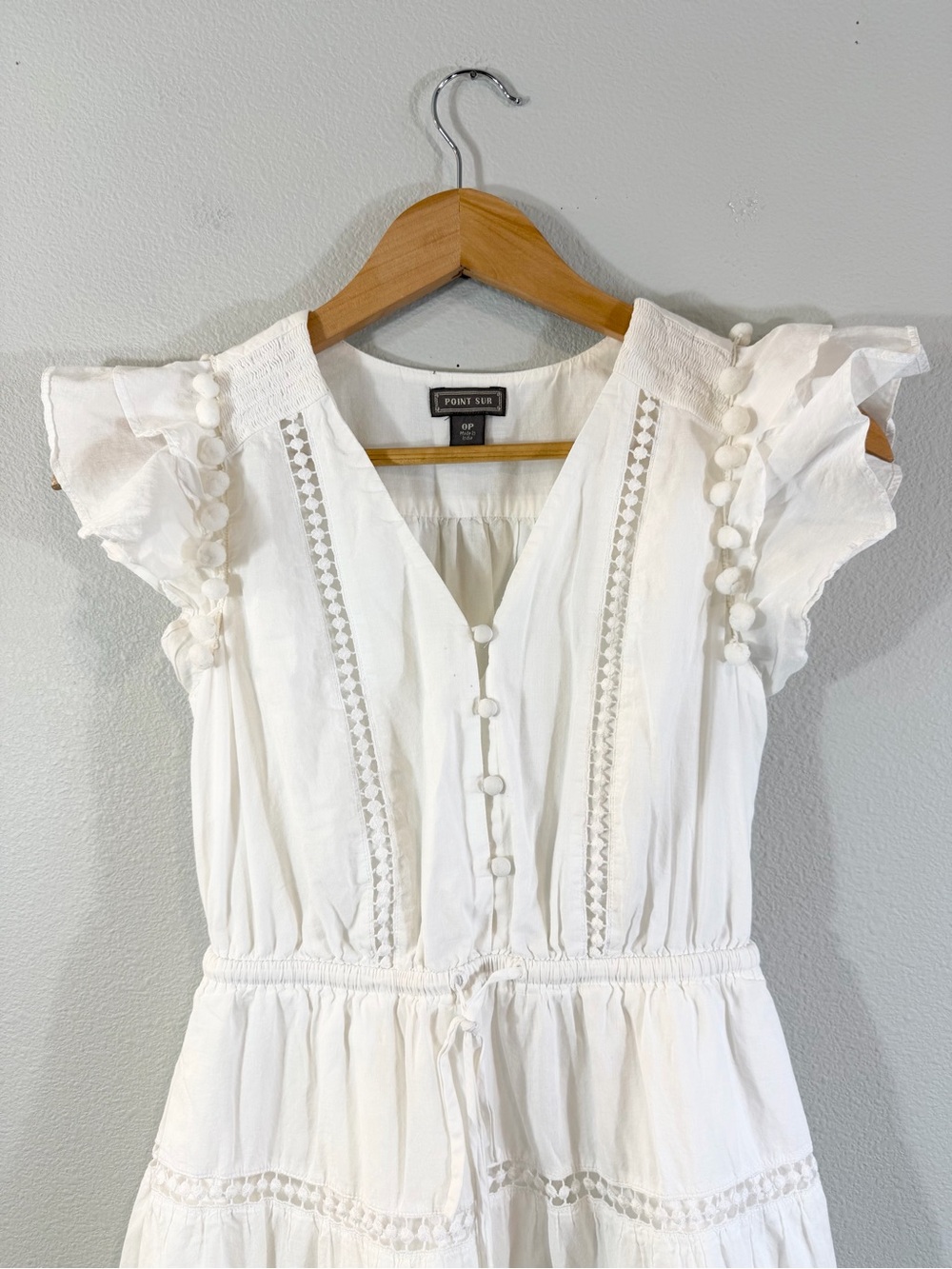 J. Crew Point Sur Pom Pom Midi Dress 0P White Flutter Sleeve Minimalist Cottage - Picture 2 of 11